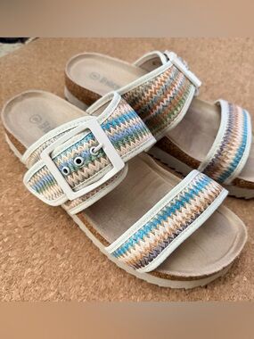 Bjorndal Multicolor Zigzag Wedge Sandals with Cream Buckle